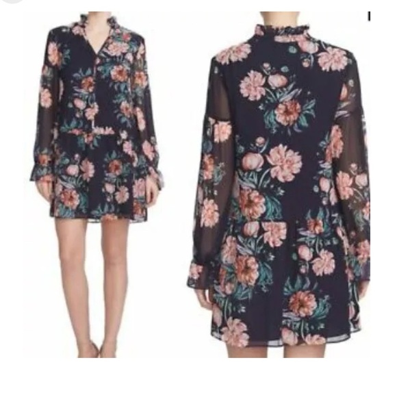 Cynthia Steffe Mini Dress Womens Navy Blue Georgette Floral Drop Waist F… - Picture 1 of 10